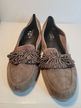 Adam Tucker Taupe Suede Fringe Loafers Sz 10